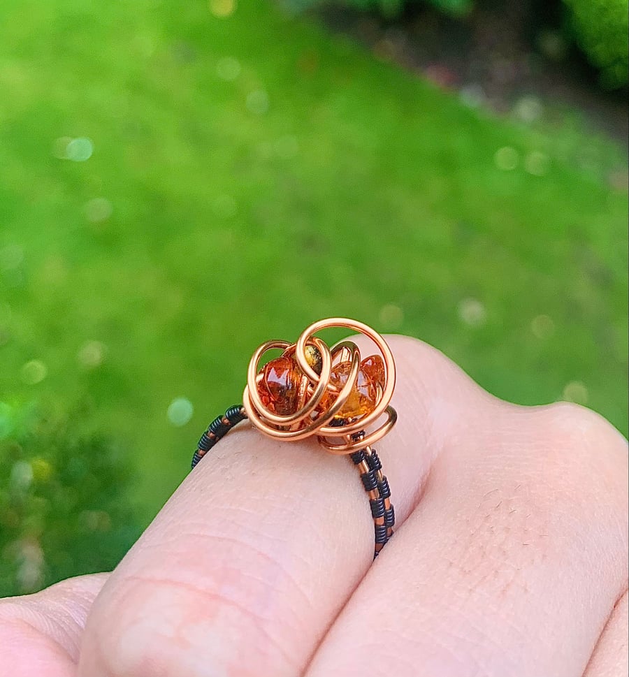 Wire wrapped amber gemstone ring copper wire black and rose gold handmade jewell