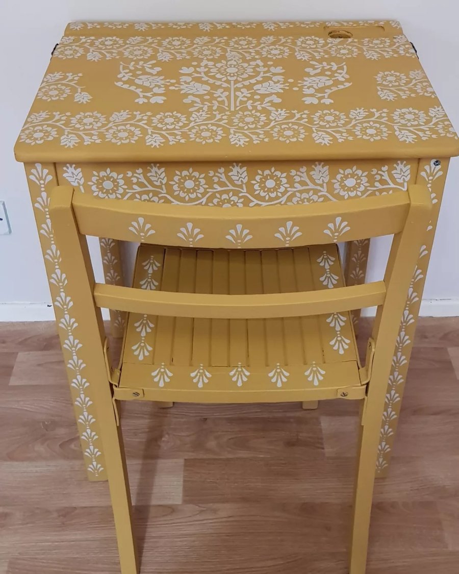Upcycled old school desk and chair hand painted and stenciled. 