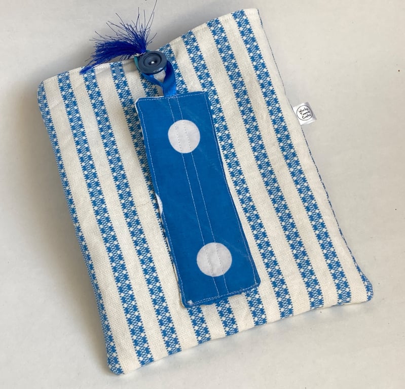 Padded book sleeve and bookmark. Gift for book-lover. Blue stripes and spots