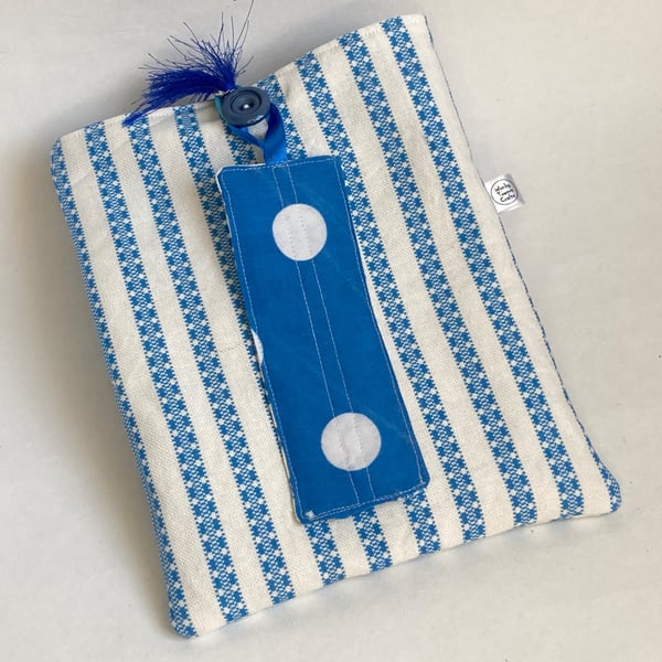 Padded book sleeve and bookmark. Gift for book-lover. Blue stripes and spots