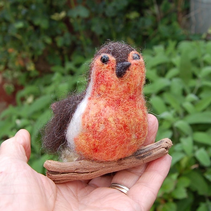 Robin on a branch. Needle Felt Robin - wool textile art.