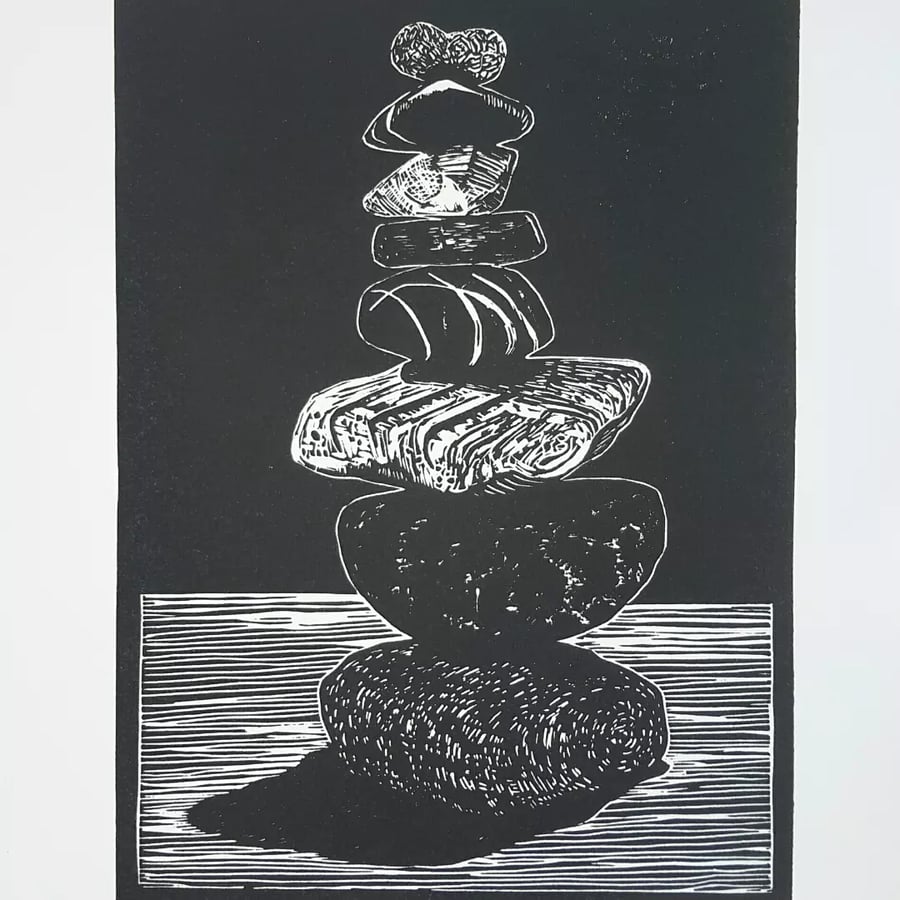 Linocut Pebblestack lino print Beach lovers gift Black and white