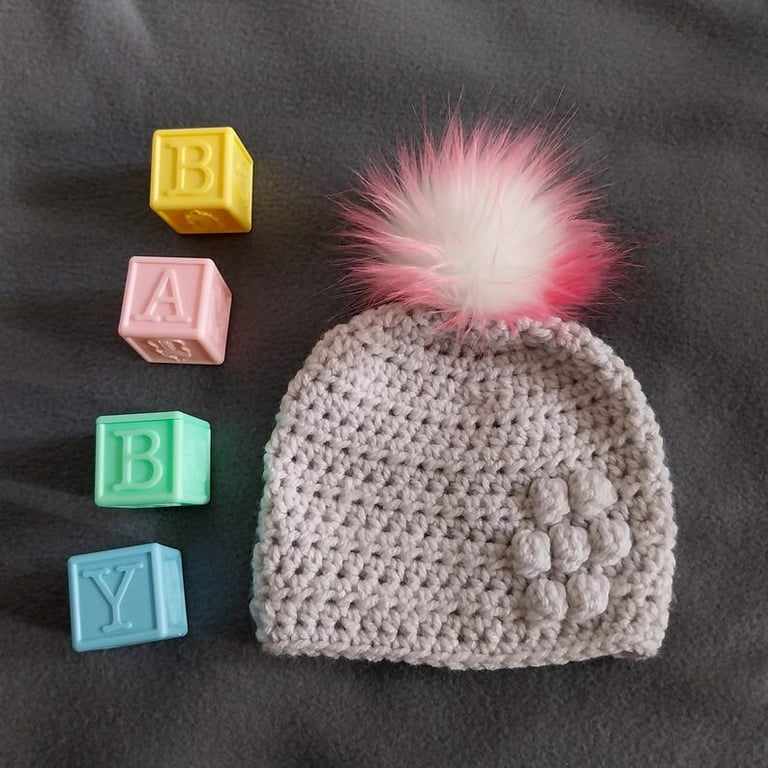 Light grey baby crocheted hat white faux fur pompom with purple & pink tips 