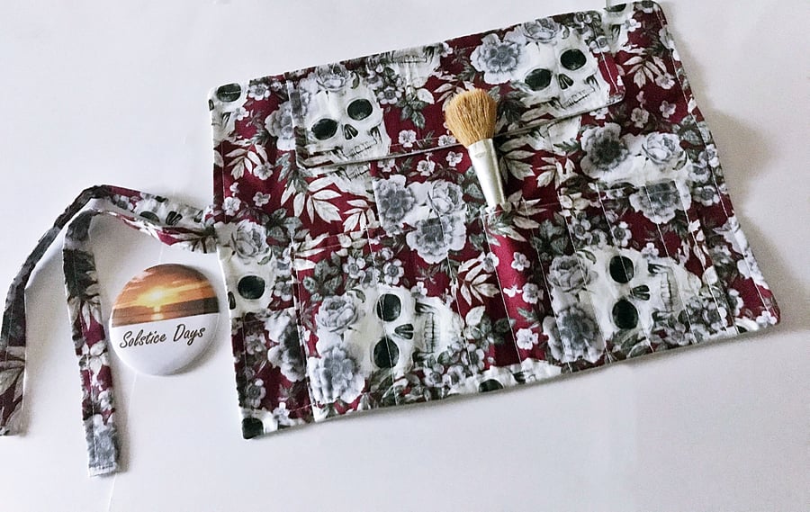 Red Skull Make Up Brush Roll,  Gothic Skulls Goth Gift Handmade