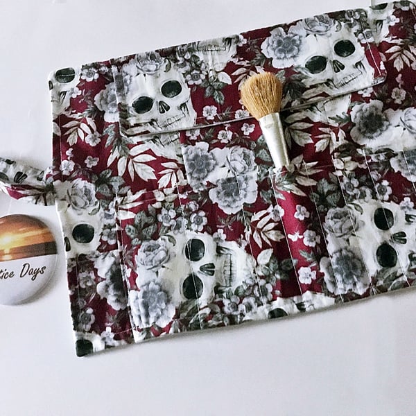 Red Skull Make Up Brush Roll,  Gothic Skulls Goth Gift Handmade