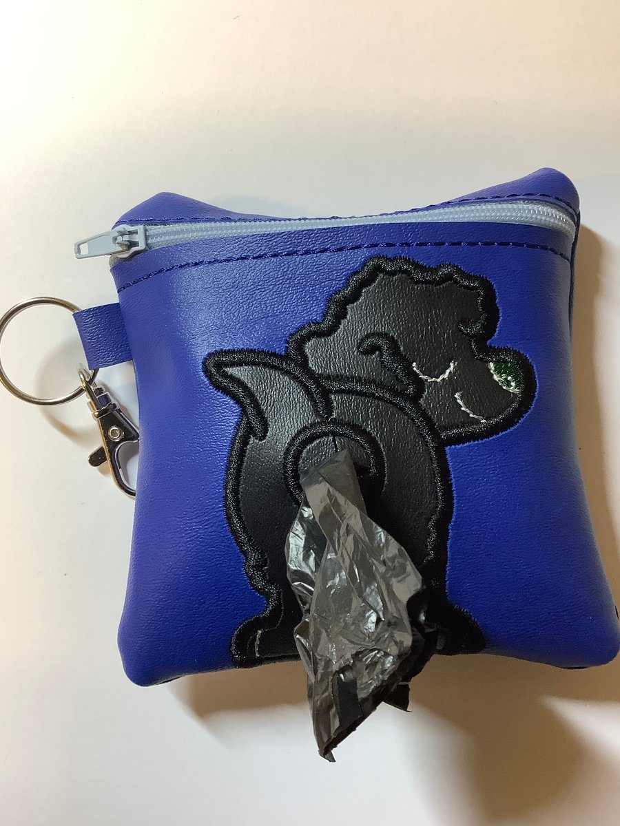 Adorable  Blue Embroidered faux leather dog poo bag ,dog walking,