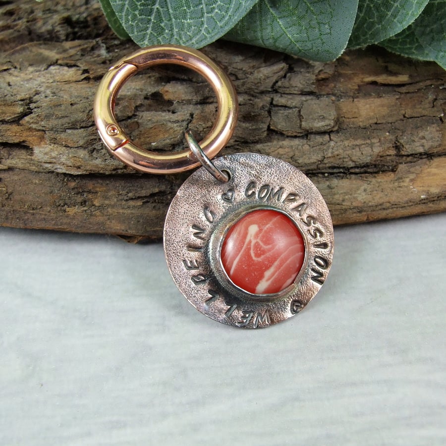 Keyring,  Copper and Rhodochrosite. Compassion & Wellbeing Sentiment Bag Charm 