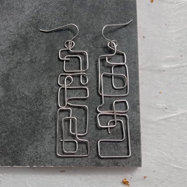 Recycled sterling silver shaped wire drop earrings - unique wire jewellery