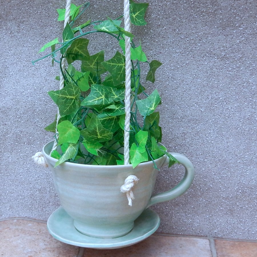 Hanging planter or garden bird feeder hand thrown in stoneware--weatherproof