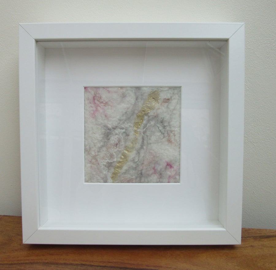 Abstract white picture. Modern textile art in white, grey, pink and gold