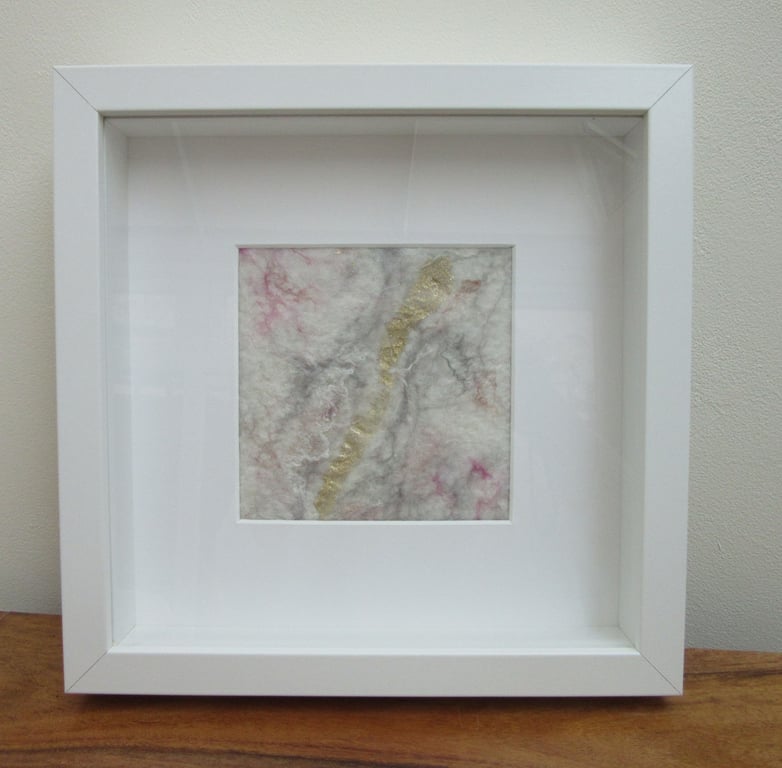 Abstract white picture. Modern textile art in white, grey, pink and gold