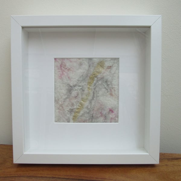 Abstract white picture. Modern textile art in white, grey, pink and gold
