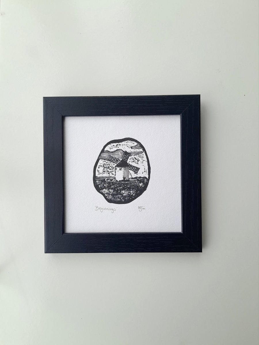 Handprinted Woodcut Windmill Olive Tree Spanish Print