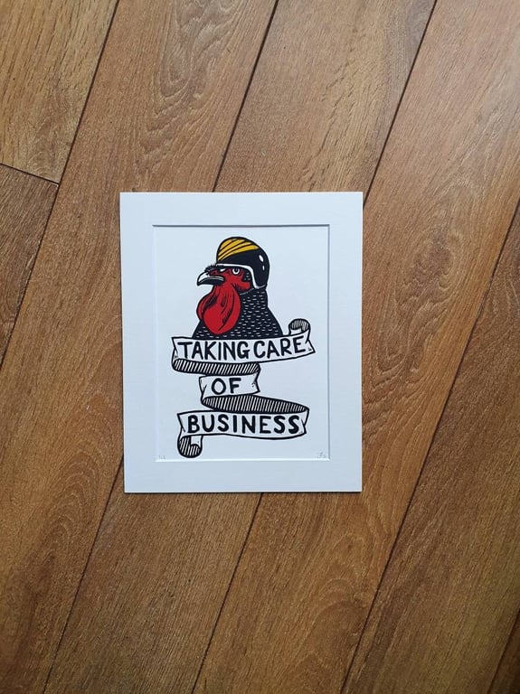 Taking Care of Business - original handmade linocut bird art print