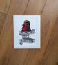 Taking Care of Business - original handmade linocut bird art print