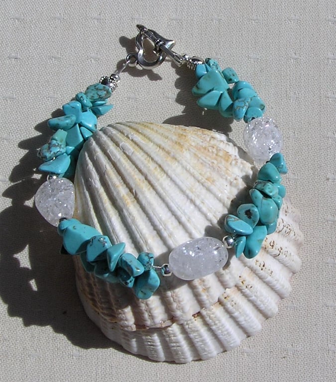 Turquoise Magnesite & Crackled Clear Quartz Crystal Gemstone Bracelet "Embo Dew"