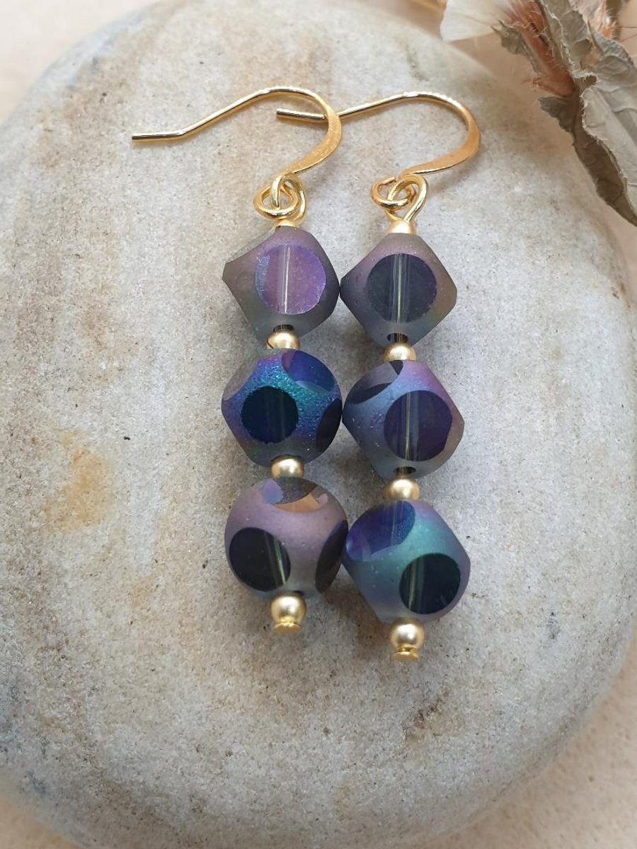 Gold plated earrings with beautiful czech glass Ab purple style disco beads