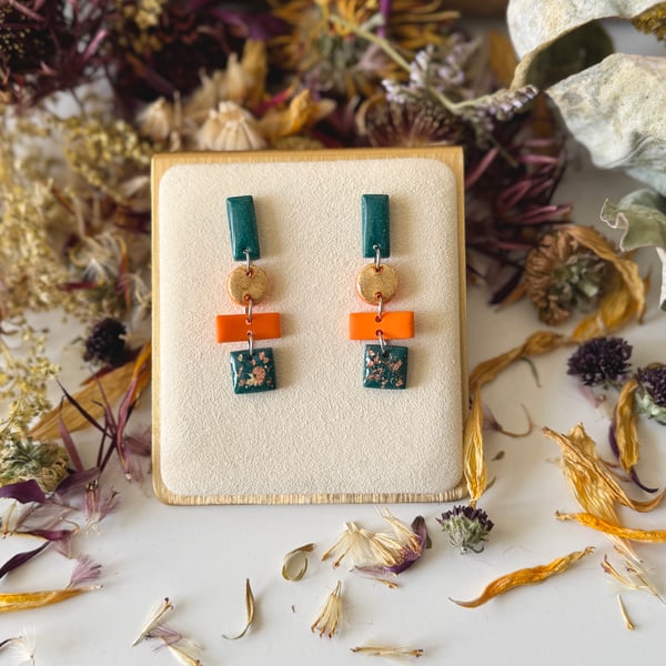 Teal and orange Harvest Stack Dangle Earrings