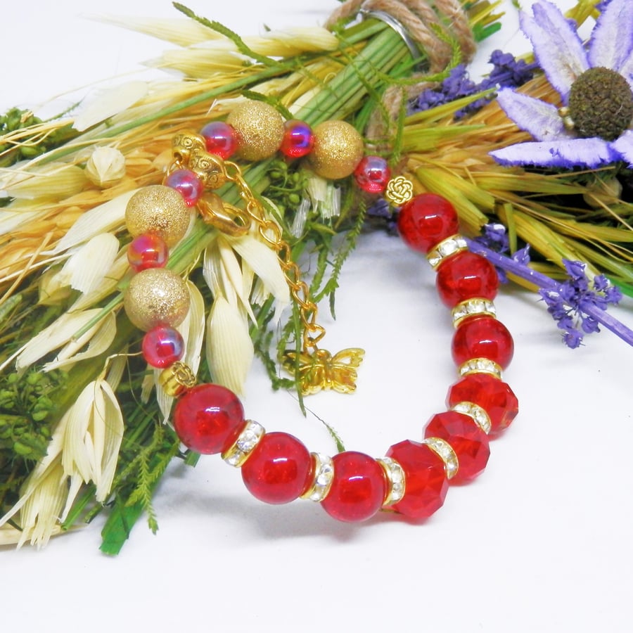 Gold Plated Memory Wire Red And Gold Beaded Bracelet