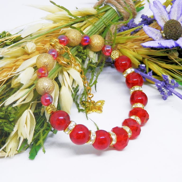 Gold Plated Memory Wire Red And Gold Beaded Bracelet