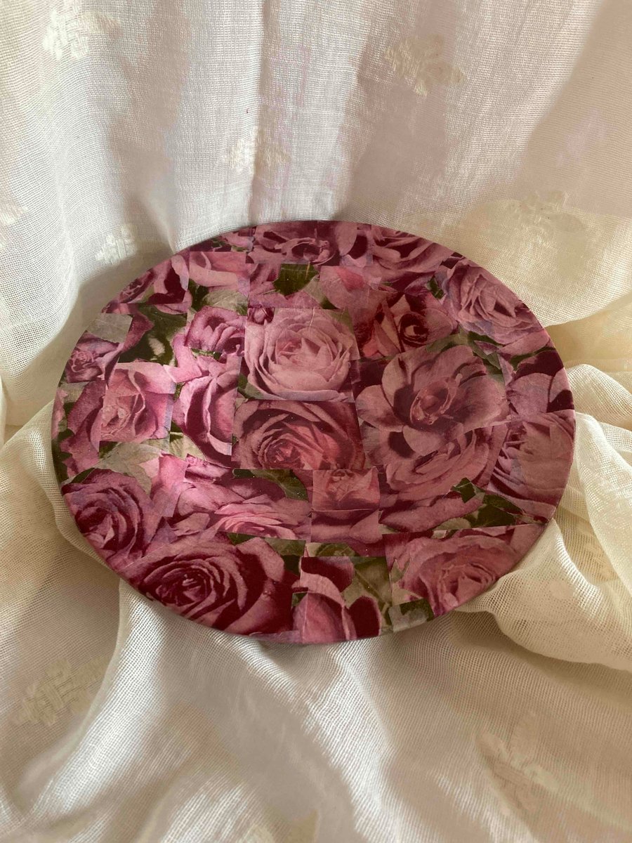 Floral rose Decopatched  wooden dish