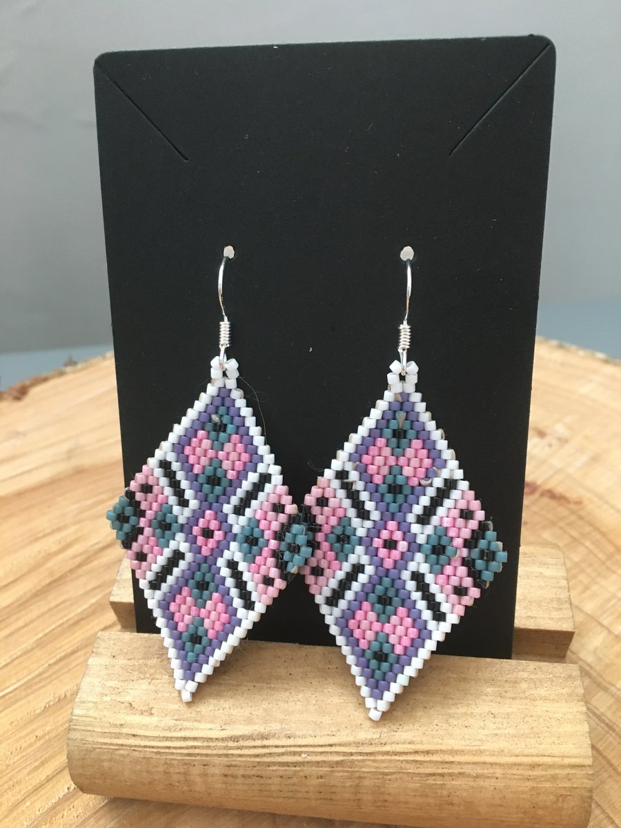 Earrings handwoven beaded diamond shape earrings, xmas gift, dangle earrings