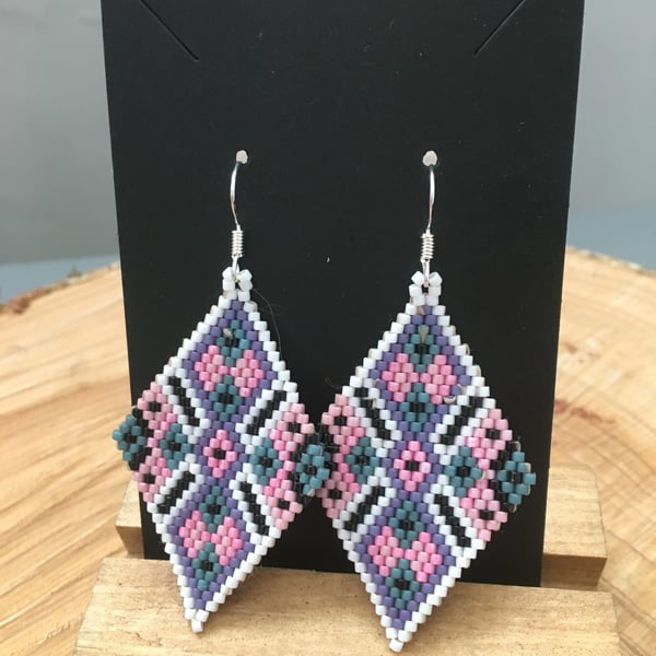 Earrings handwoven beaded diamond shape earrings, xmas gift, dangle earrings