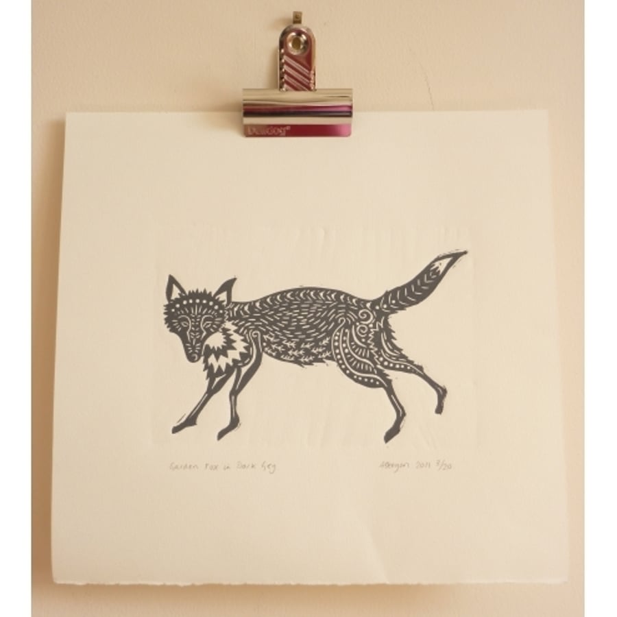 ORIGINAL lino cut print "Garden Fox in Dark Grey"