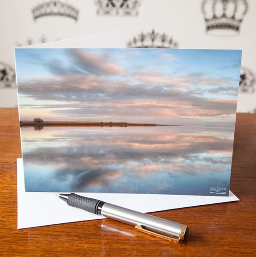 Holy Island, Mirrored Greetings Card - Blank Inside - Birthday Card - Anniversar
