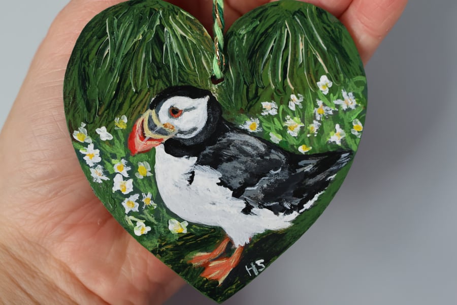 Puffin Painted in Acrylics on Small Wooden Heart