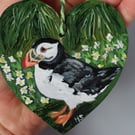 Puffin Painted in Acrylics on Small Wooden Heart