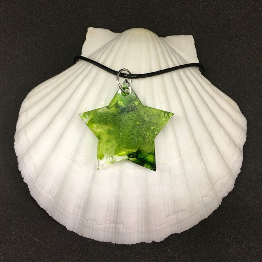 Sale, Green star pendant resin and ink on an 18 inch chain.