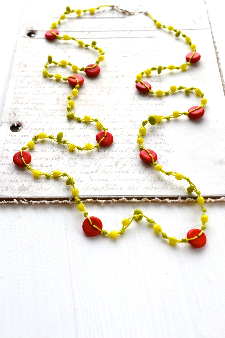 Long bead necklace, knotted necklace, lime green necklace, boho style