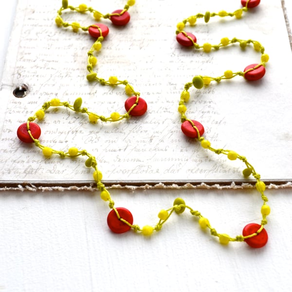 Long bead necklace, knotted necklace, lime green necklace, boho style