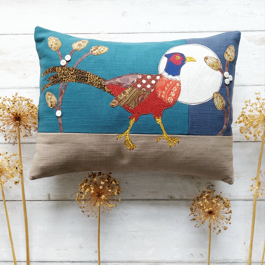 Running Pheasant Cushion with Freemotion Sewn Applique