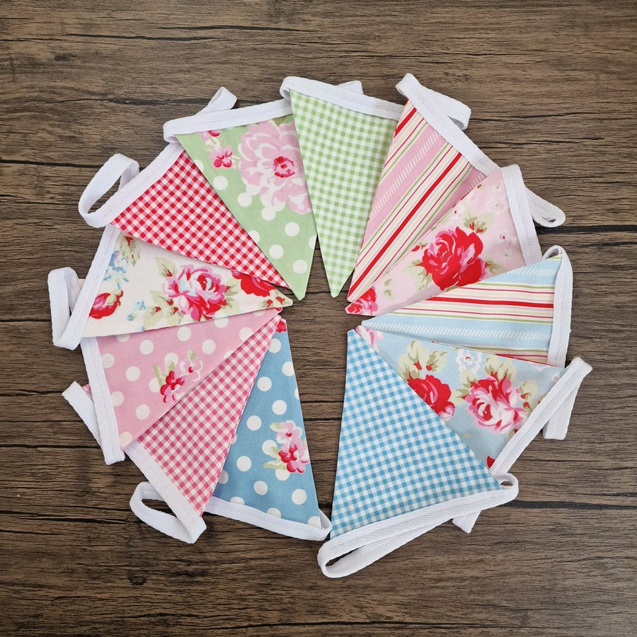 Shabby Chic Roses & Gingham Double Sided Fabric Bunting