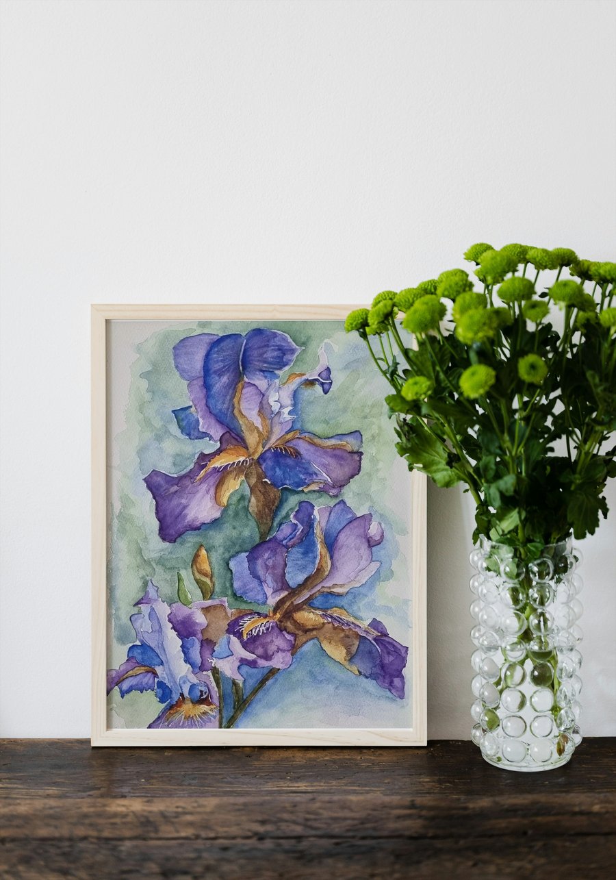 Flag Iris Watercolour Art Print – A4 Botanical Wall Art in Blue & Purple