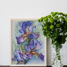 Flag Iris Watercolour Art Print – A4 Botanical Wall Art in Blue & Purple