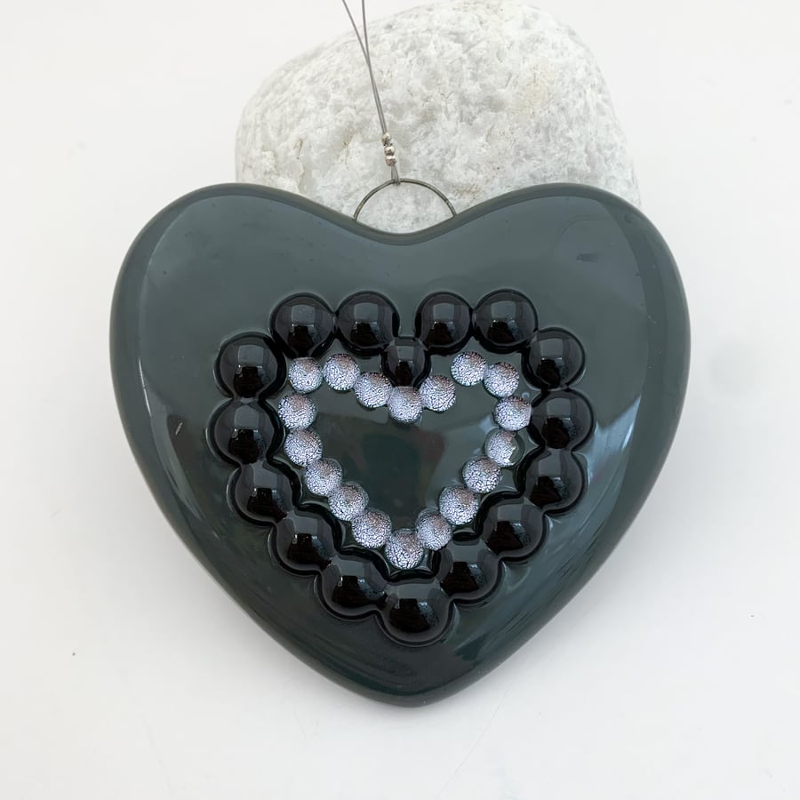 Seconds Sunday - Fused Glass Black and Silver Heart - Handmade Glass Suncatcher