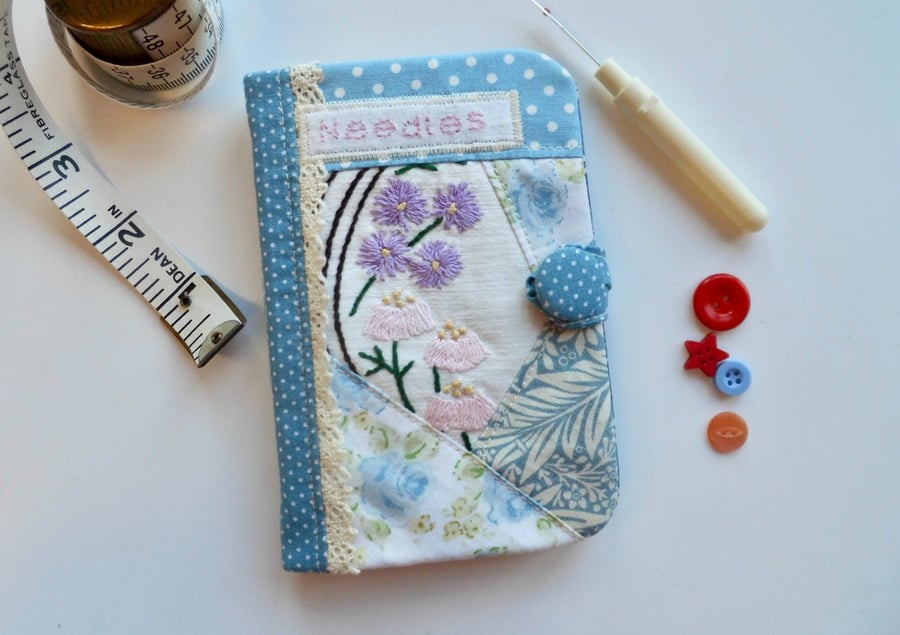 Image of SOLD Sewing needle case reclaimed embroidery and blue patchwork