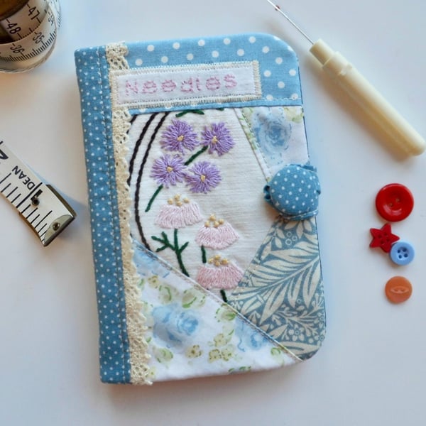 Sewing needle case reclaimed embroidery and blue patchwork