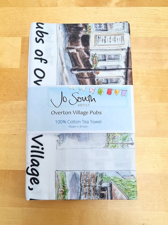Pubs of Overton Village 100% Cotton Tea Towel - Watercolour Painting Montage