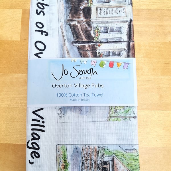 Pubs of Overton Village 100% Cotton Tea Towel - Watercolour Painting Montage