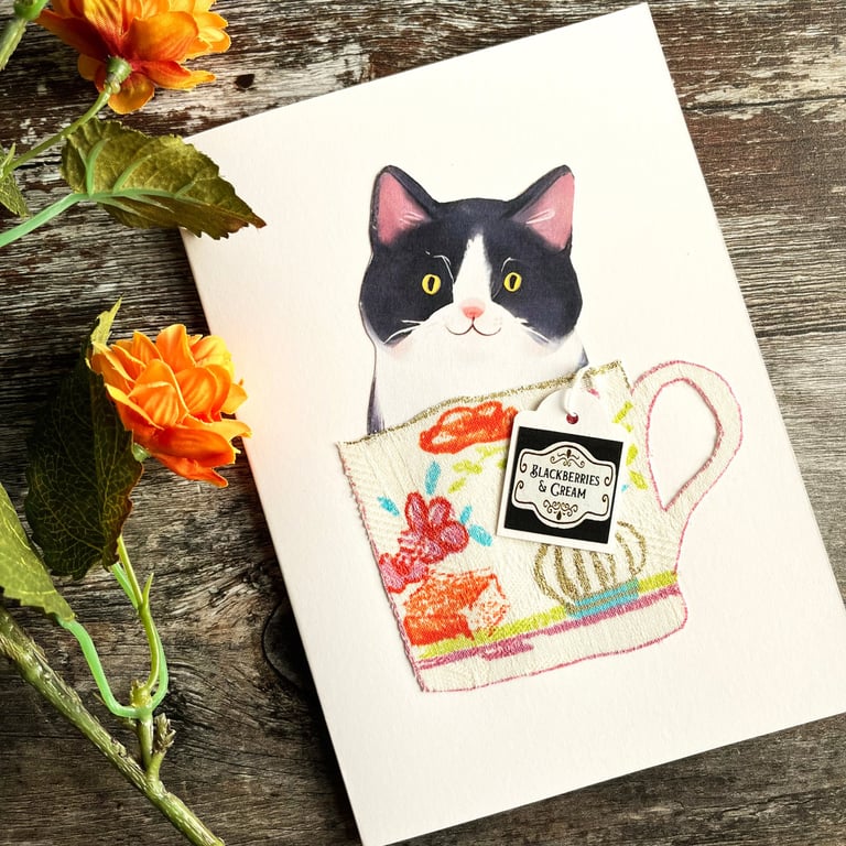 Tuxedo cat card, handmade cat card, card for cat lover, black and white cat