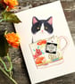Tuxedo cat card, handmade cat card, card for cat lover, black and white cat