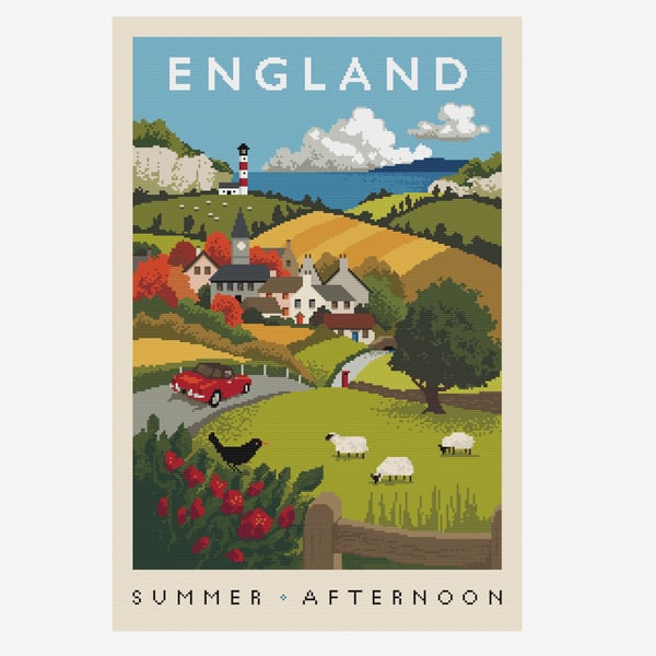 058 - Cross stitch pattern ENGLAND, Railway poster Golden age of Steam