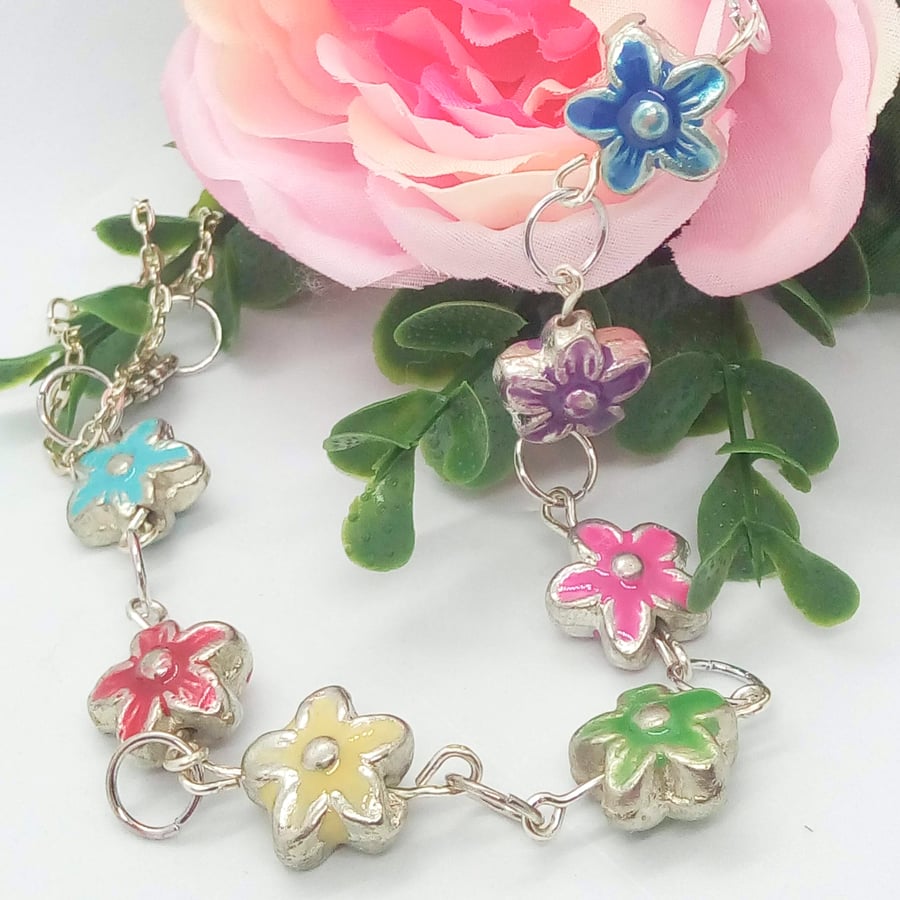 Small Multi Coloured Metal Flower and Chain Necklace, Jewellery Gift for Her