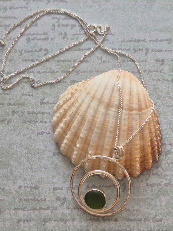 Beautiful Double Circle Pendant  Olive Seaham Seaglass Necklace Sterling Silver 