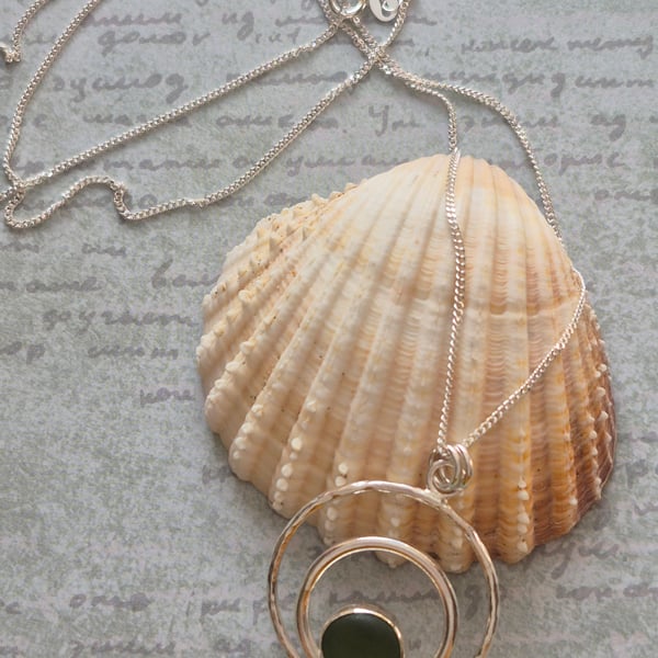 Beautiful Double Circle Pendant  Olive Seaham Seaglass Necklace Sterling Silver 