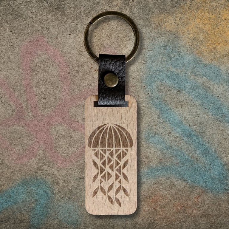 Geometric Jellyfish Wooden Keyring – Walnut, PU Leather & Zinc Alloy